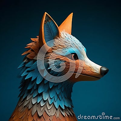 Colorful Fox Sculpture With Blue Feathers - Hyper-detailed Artwork Cartoon Illustration