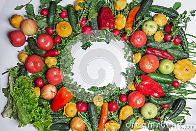 colorful frame made of vegetables and herbs on white background Stock Photo