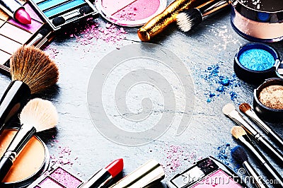 Colorful frame with various makeup products Stock Photo