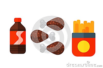 Colorful french fires cartoon fast food icons isolated restaurant tasty american chicken legs meat and unhealthy burger Vector Illustration