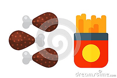 Colorful french fires cartoon fast food icons restaurant tasty american chicken legs meat and unhealthy burger Vector Illustration