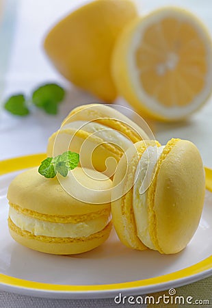 Colorful french macarons with lemon flavor Stock Photo