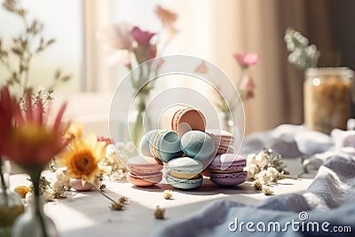 Colorful French macarons on wooden table surrounded with beautiful flowers. Generative AI Stock Photo