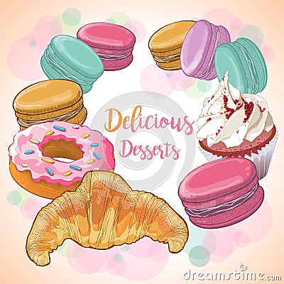 Colorful french macaroons, croissant, cupcake, donut. Vector Illustration