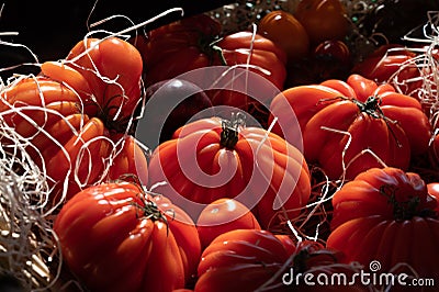 Colorful french ripe tasty tomatoes in assortment on Provencal market in Cassis, Provence, France Stock Photo