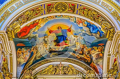 Colorful fresco icon of Jesus Christ on the ceiling in Saint Isaac's Russian Orthodox Cathedral in Saint Petersburg, Russia Editorial Stock Photo