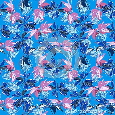 Colorful fresh Blue and Pink Tropical forest botanical Leaves Motifs scattered random mixed with palm leaves, Seamless vector Stock Photo