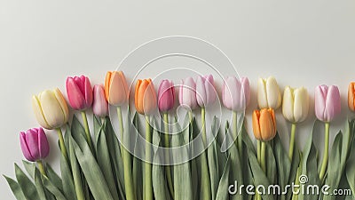 Colorful fresh spring tulips flowers border in a row on white background Stock Photo