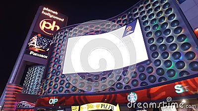 The colorful front of Planet Hollywood Hotel and Casino - steadicam walk - LAS VEGAS, UNITED STATES - APRIL 20, 2017 Editorial Stock Photo