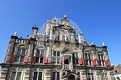 Colorful frontage of ancient Dutch city hall of Delft Stock Photo