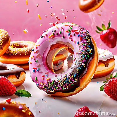 Colorful, frosted glazed donuts with fancy decoration Stock Photo