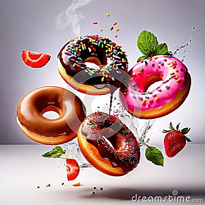 Colorful, frosted glazed donuts with fancy decoration Stock Photo