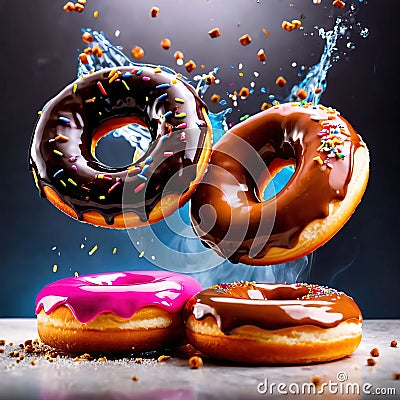 Colorful, frosted glazed donuts with fancy decoration Stock Photo