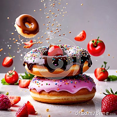 Colorful, frosted glazed donuts with fancy decoration Stock Photo