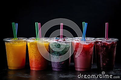 Colorful Frozen Fruit Slush Granita Drinks in Plastic Take-Away Cups with Lids and Drinking Straws Cartoon Illustration