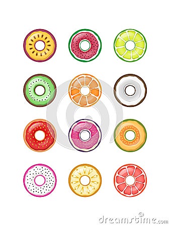 Colorful Fruit Donuts Vector Set Collection Isolated Vector Illustration