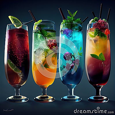 Colorful fruit and herb adornments on non-alcoholic cocktails in chic glasses Stock Photo