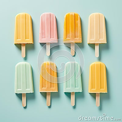 Colorful fruit and ice cream popsicles, flat lay. Summer, fruit, holliday background. Ai generative. Illustration Stock Photo