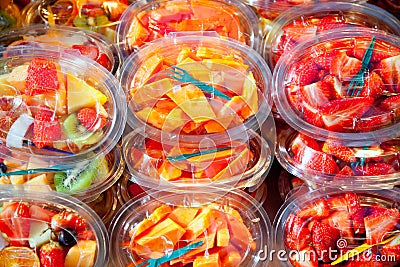 Colorful fruit salad in transparent glasses Stock Photo