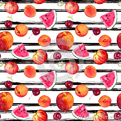 Colorful fruits and berries. Seamless modern fruit pattern with hand painted black lines. Water color Cartoon Illustration