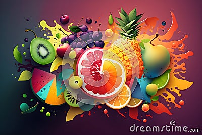 Colorful fruits and berries splash on a magenta background. Multicolored fruit background, healthy lifestyle banner. Healthy Stock Photo