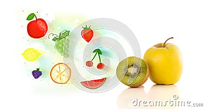 Colorful fruits with hand drawn illustrated fruits Stock Photo