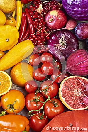 Colorful fruits and vegetables background. Rainbow collection Stock Photo