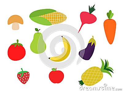 Colorful fruits and vegetables clipart set,banana,carot Vector Illustration