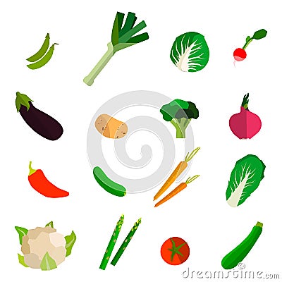 Colorful fruits and vegetables set on white background. Vector Vector Illustration