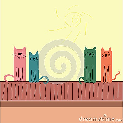 Colorful funny cats sitting on the roof Cartoon Illustration