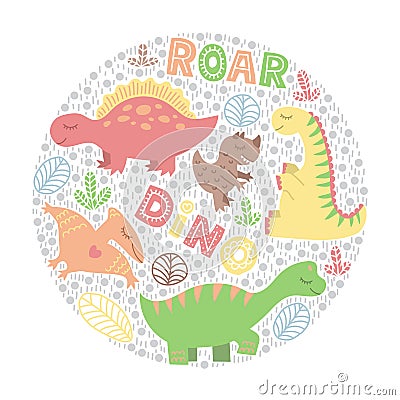 Colorful funny dino. Childish drawings in circle. Print for card, poster, t-shirt. Vector illustration Vector Illustration