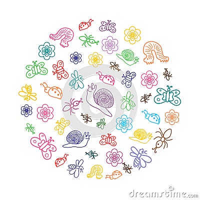 Colorful Funny Doodle Insects. Children Drawings of Cute Bugs, Butterflies, Ants and Snails Arranged ina Circle Vector Illustration