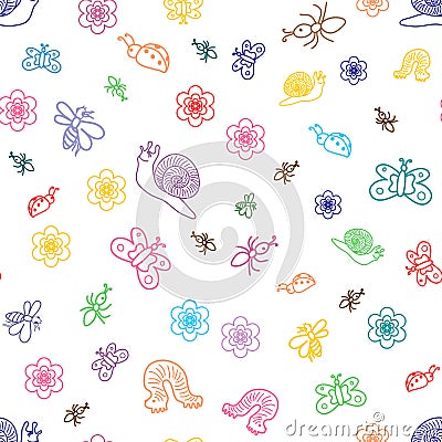 Colorful Funny Doodle Insects. Children Drawings of Cute Bugs, Butterflies, Ants and Snails. Sketch Style. Vector Illustration