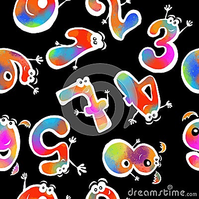 Colorful rainbow funny figures with eyes. Mixed media. Seamless background. Vector illustration Cartoon Illustration