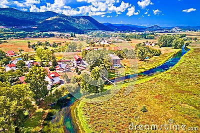 Colorful Gacka valley field and river aerial summer view Stock Photo