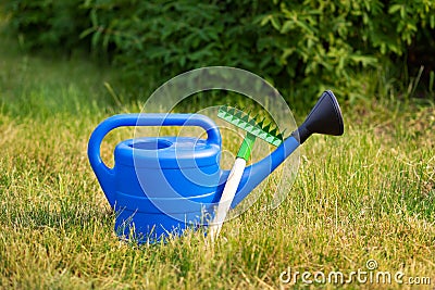 Colorful garden tools, a blue plastic watering can and rake. Stock Photo