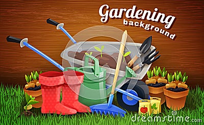 Colorful Gardening Background With Farm Tools Vector Illustration