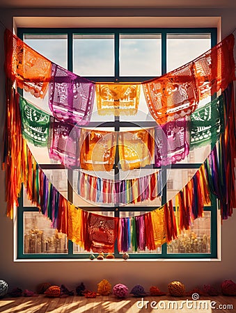 a colorful garlands from a window Stock Photo