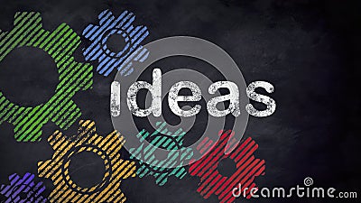 Colorful gears in motions and ideas text on blackboard. 3D illustration Cartoon Illustration