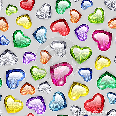 Colorful Gem Hearts Seamless Pattern Vector Illustration