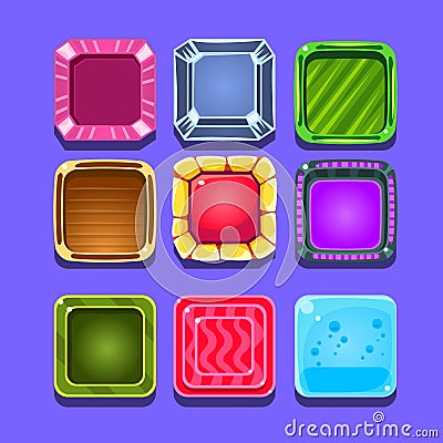 Colorful Gems Flash Game Element Templates Design Set With Square Candy For Three In The Row Type Of Video Vector Illustration