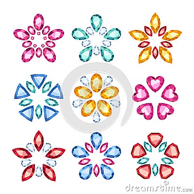 Colorful gemstones jewelry symbols set. Star shape Vector Illustration