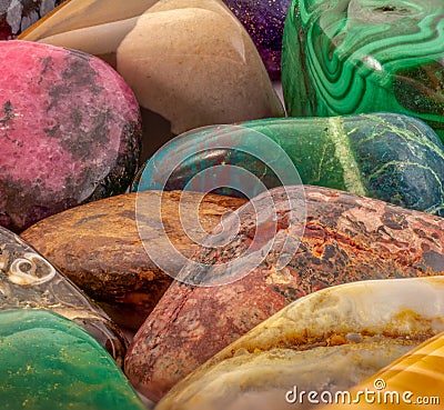 Colorful gemstones macro shot. Polished gemstones background image. Stock Photo