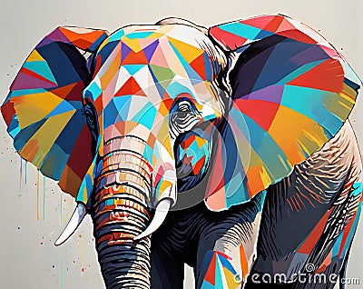 Colorful Geometric Elephant Mural. Created with Generative AI Stock Photo