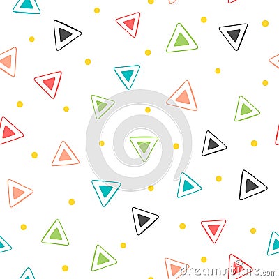 Colorful geometric seamless pattern. Repeated triangles and round dots. Drawn by hand. Vector Illustration