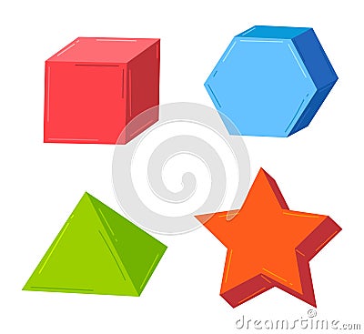 Colorful geometric shapes set on white background. Red cube, blue dodecahedron, green pyramid, orange star. Geometric Cartoon Illustration