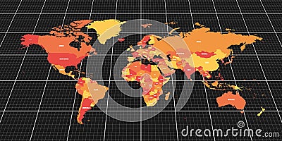 Colorful geopolitical map of World. Bottom perspective view with background grid. Vector illustration Vector Illustration