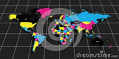 Colorful geopolitical map of World. Bottom perspective view with background grid. Vector illustration Vector Illustration