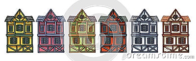 Colorful german houses cartoon collection urban landscape front view of European city street building facades. Vector Illustration