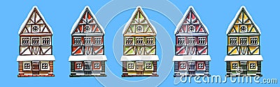 Colorful german houses cartoon collection urban landscape front view of European city street building facades. Winter Vector Illustration